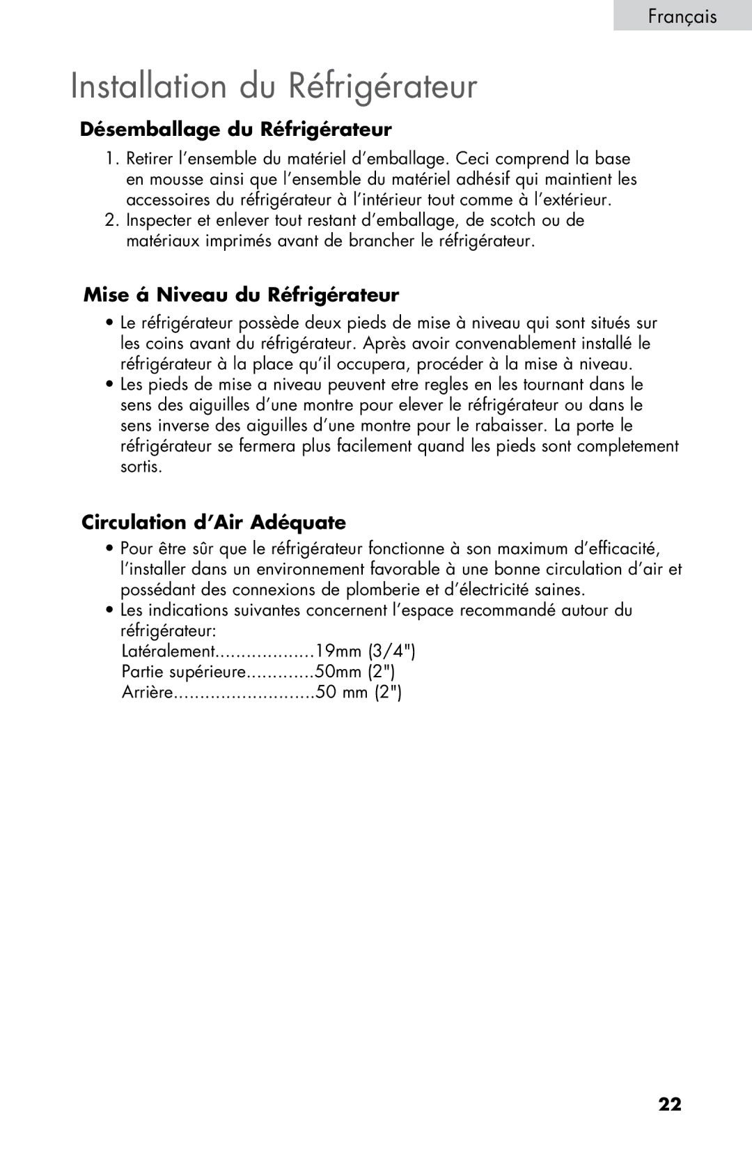 Haier HNSE045VS user manual Installation du Réfrigérateur, Désemballage du Réfrigérateur, Mise á Niveau du Réfrigérateur 