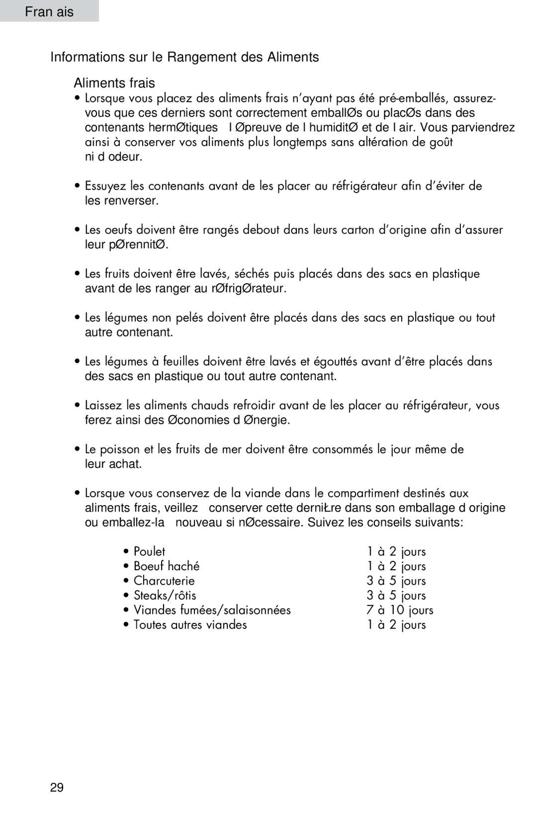 Haier HNSE045VS user manual Informations sur le Rangement des Aliments Aliments frais 