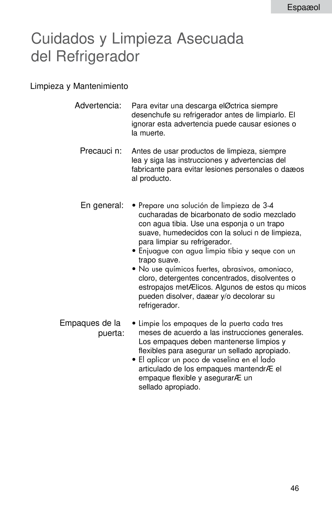 Haier HNSE045VS user manual Cuidados y Limpieza Asecuada del Refrigerador, Limpieza y Mantenimiento 