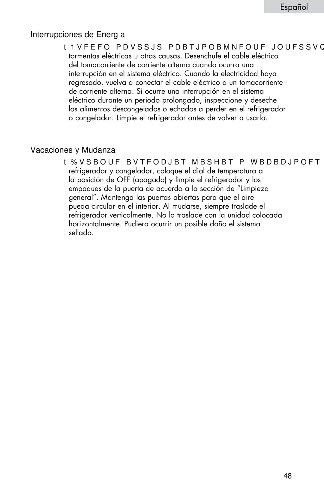 Haier HNSE045VS user manual Interrupciones de Energía, Vacaciones y Mudanza 