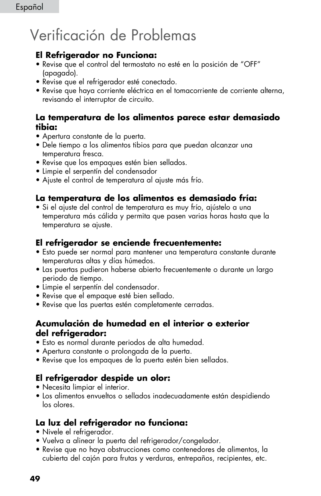 Haier HNSE045VS user manual Verificación de Problemas 