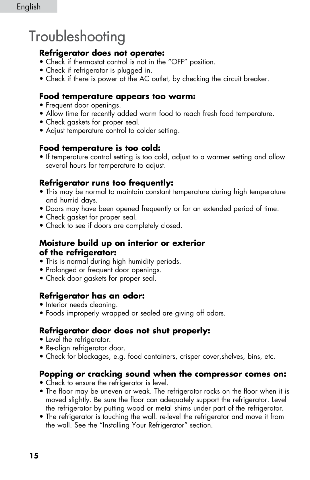 Haier HNSE045VS user manual Troubleshooting, Refrigerator does not operate, Food temperature appears too warm 