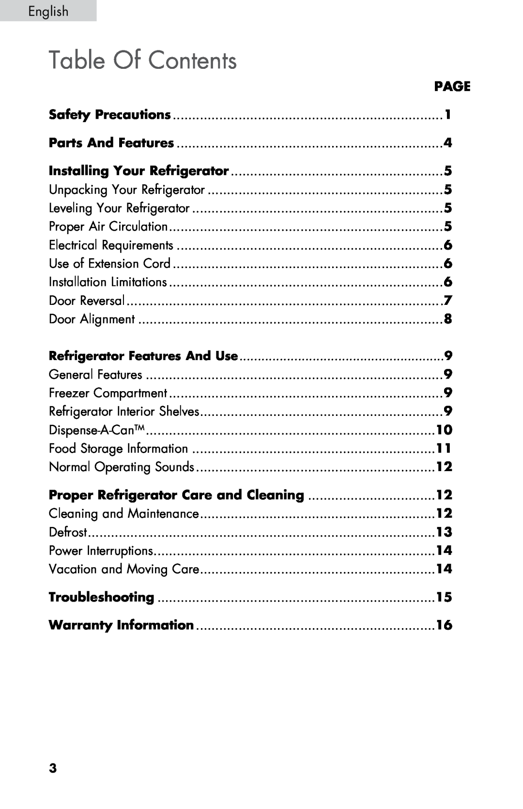 Haier HNSE045VS user manual Table Of Contents 