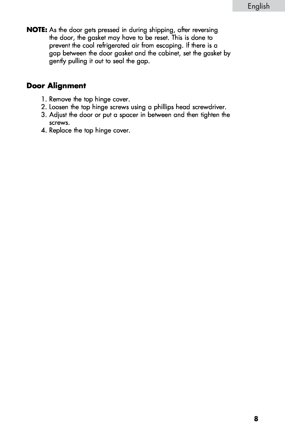 Haier HNSE045VS user manual Door Alignment 