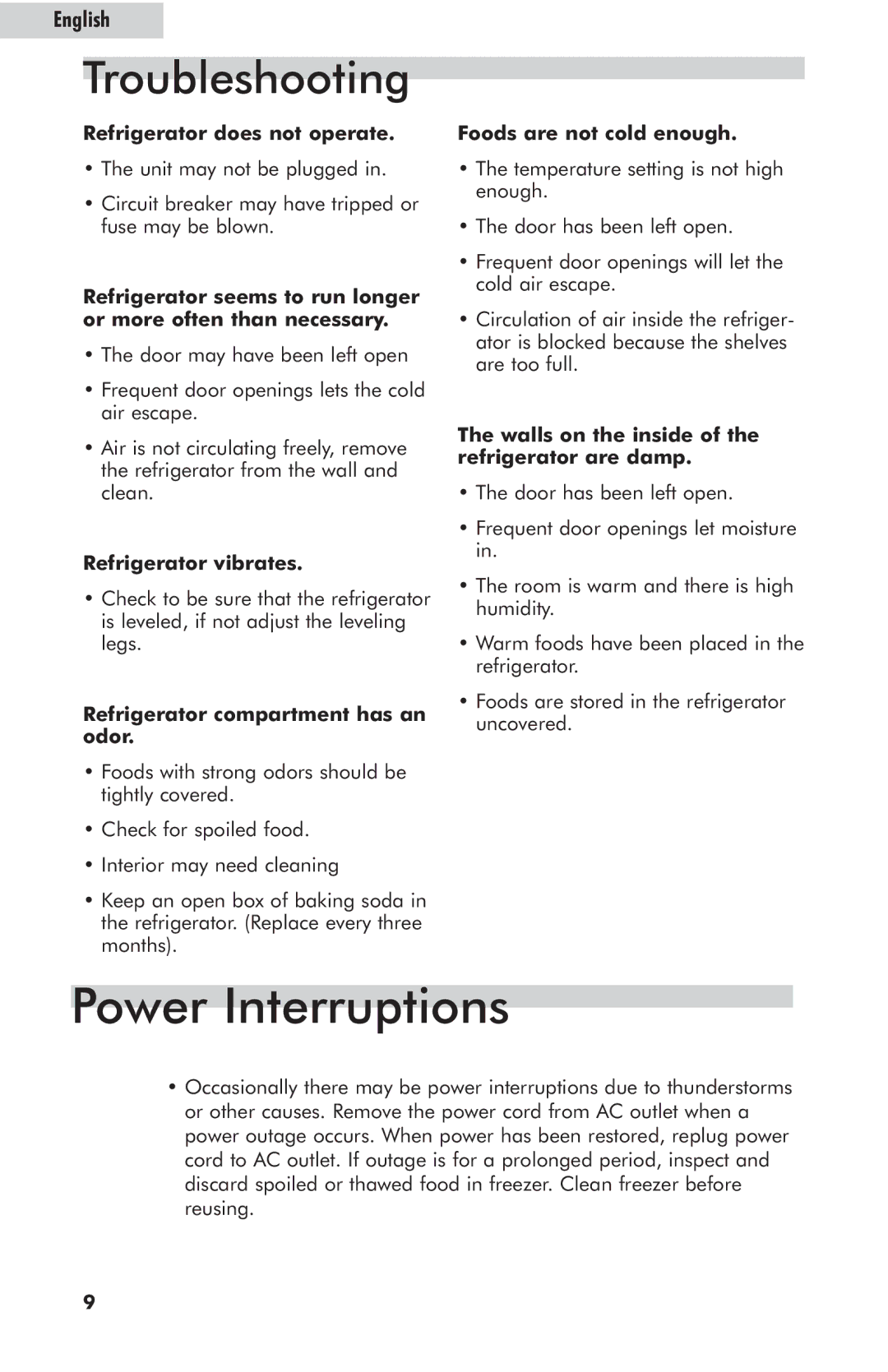 Haier HNSE05BB, HNSE05SS user manual Power Interruptions, Troubleshooting 