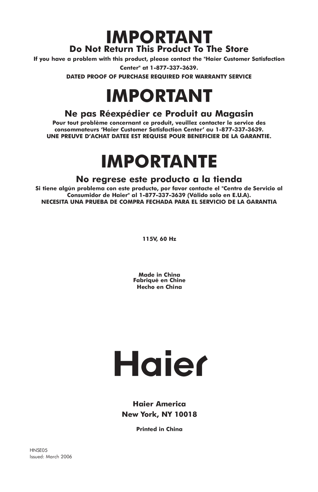 Haier HNSE05BB, HNSE05SS user manual Importante 