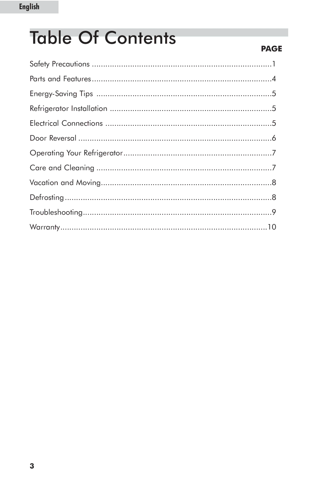 Haier HNSE05BB, HNSE05SS user manual Table Of Contents 