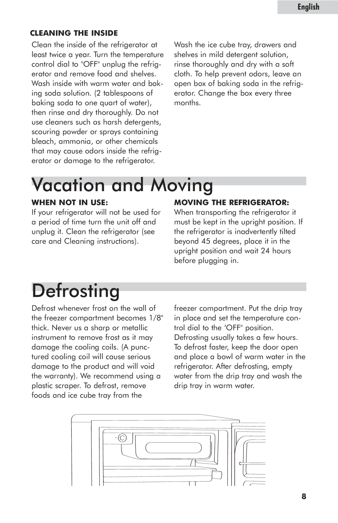 Haier HNSE05BB, HNSE05SS user manual Vacation and Moving, Defrosting 