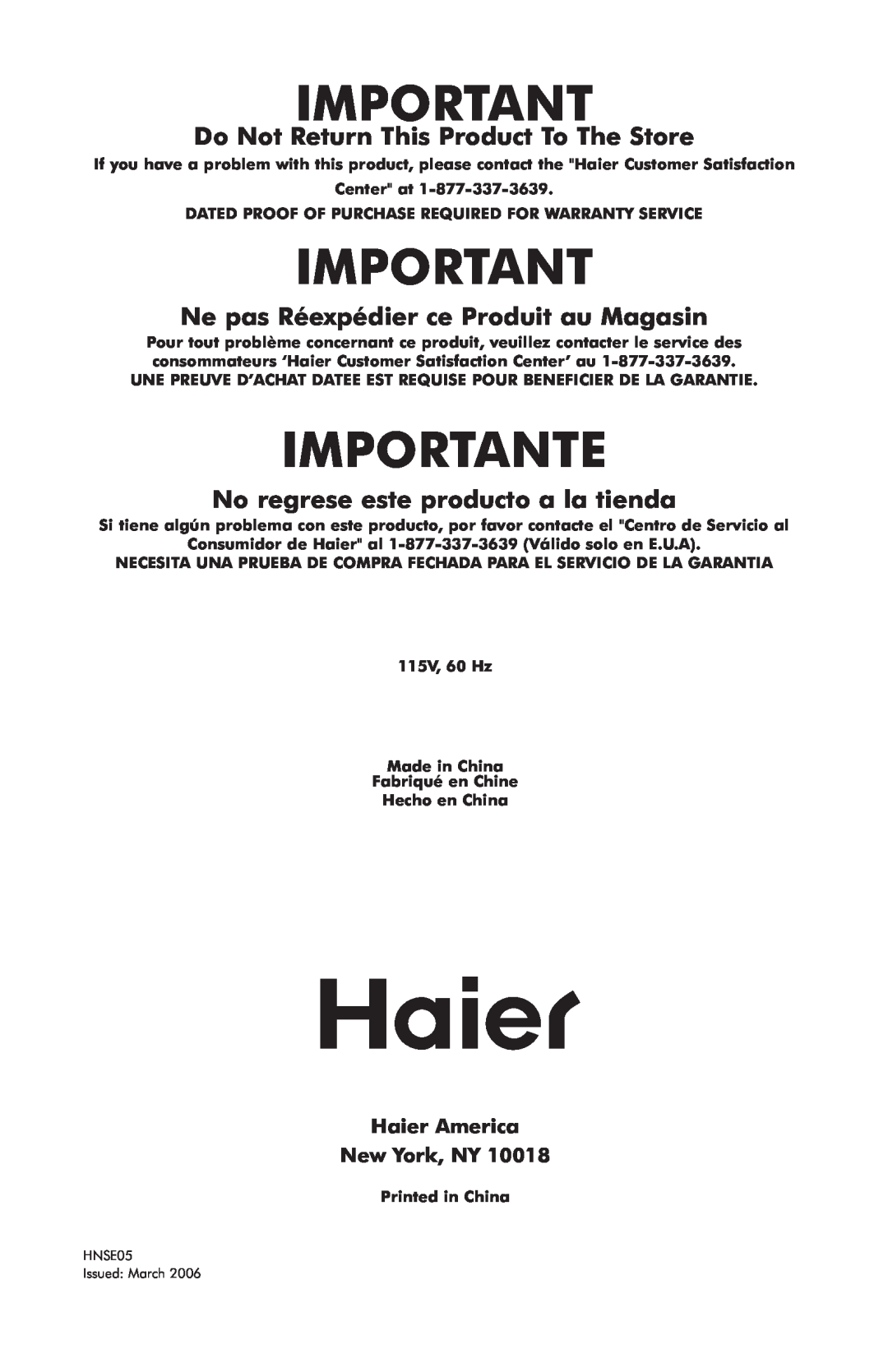 Haier HNSE05BB, HNSE05SS Importante, Do Not Return This Product To The Store, Ne pas Réexpédier ce Produit au Magasin 