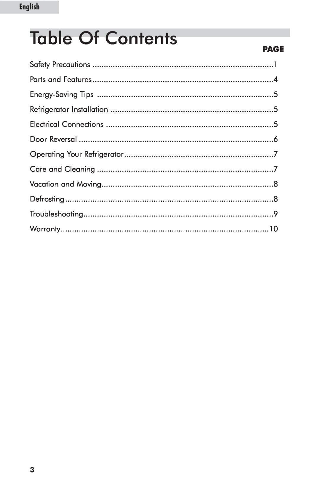 Haier HNSE05BB, HNSE05SS user manual Table Of Contents, Page, English 
