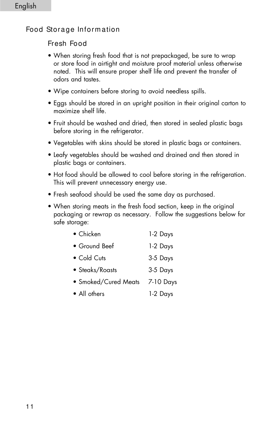 Haier HNSEW025 user manual Food Storage Information Fresh Food 