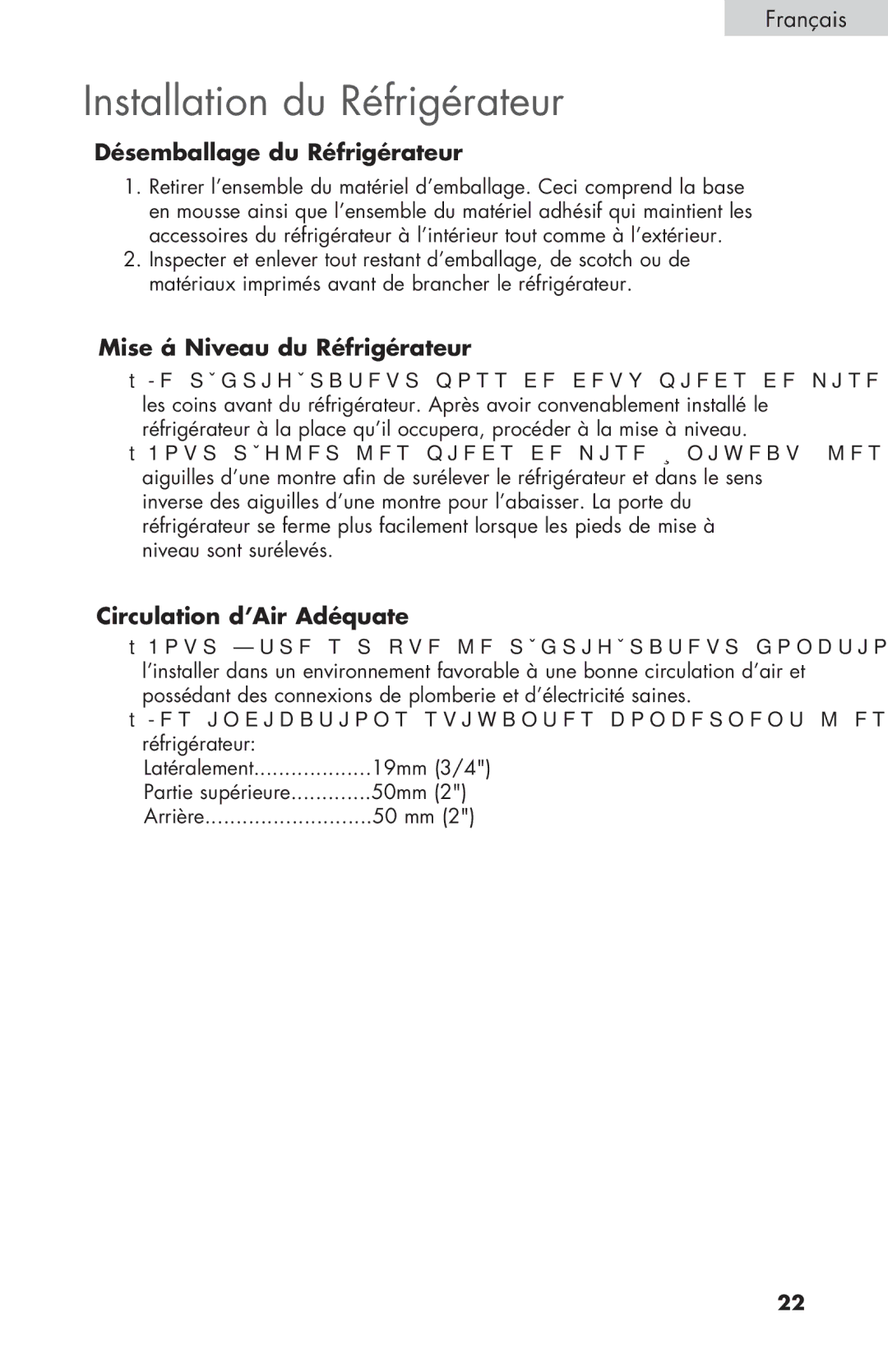 Haier HNSEW025 user manual Installation du Réfrigérateur, Désemballage du Réfrigérateur, Mise á Niveau du Réfrigérateur 