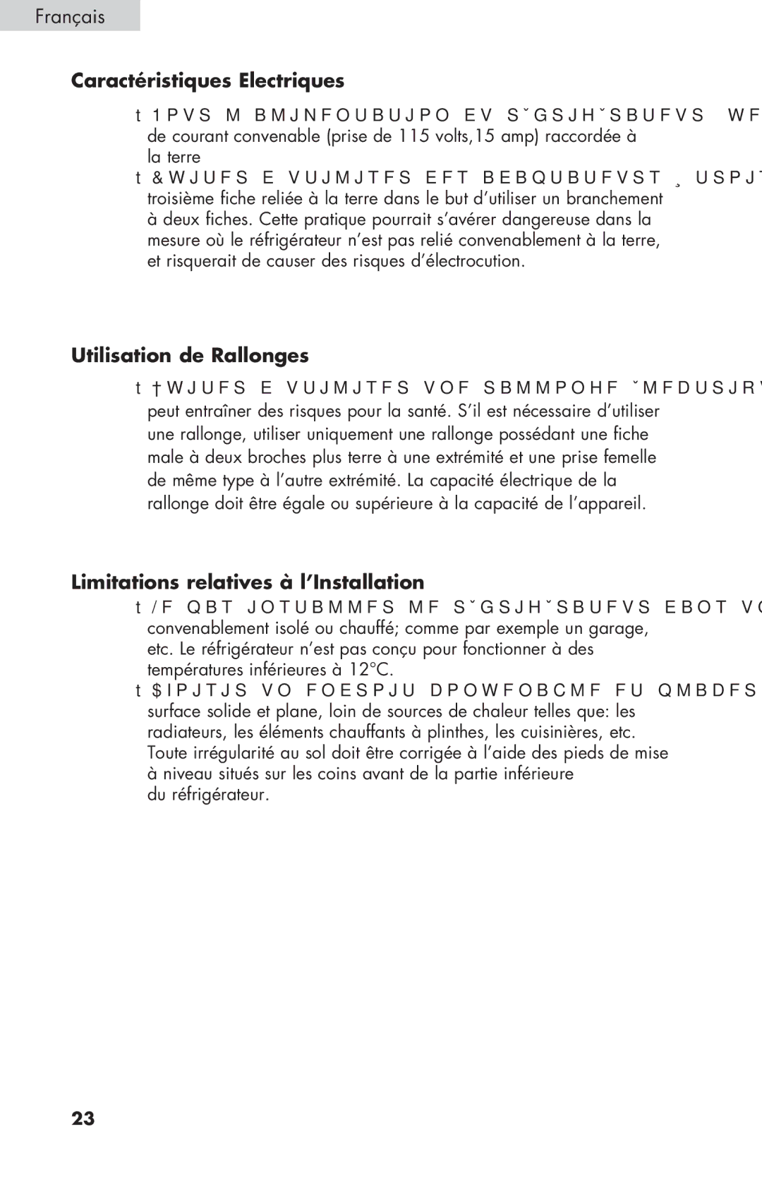 Haier HNSEW025 user manual Caractéristiques Electriques, Utilisation de Rallonges, Limitations relatives à l’Installation 