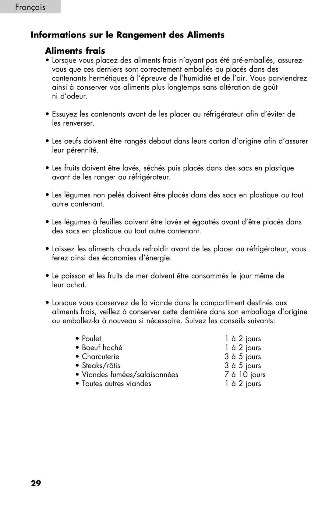 Haier HNSEW025 user manual Informations sur le Rangement des Aliments Aliments frais 