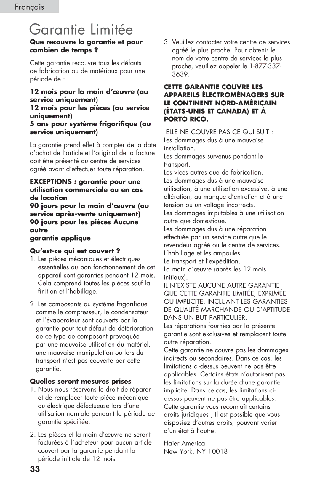 Haier HNSEW025 user manual Garantie Limitée, Que recouvre la garantie et pour combien de temps ? 