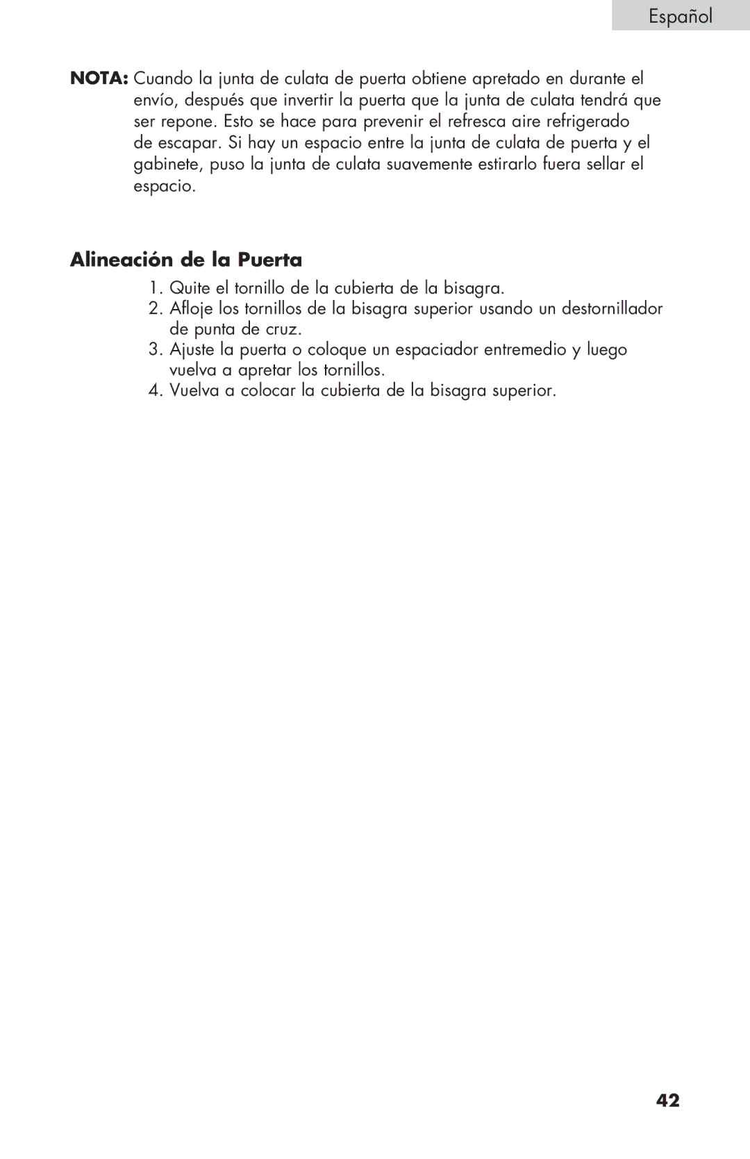 Haier HNSEW025 user manual Alineación de la Puerta 