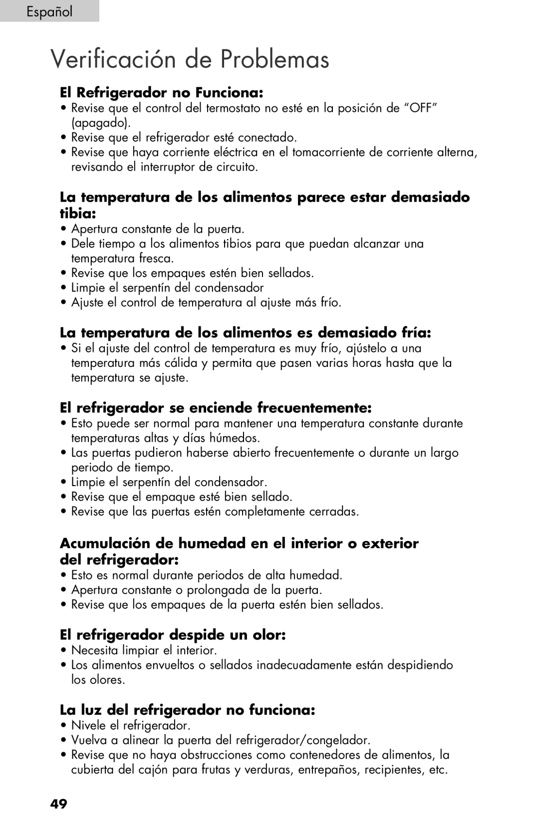 Haier HNSEW025 user manual Verificación de Problemas 