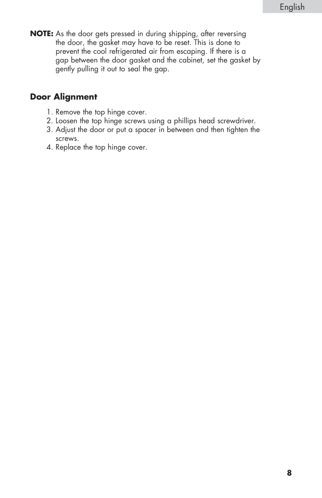 Haier HNSEW025 user manual Door Alignment 