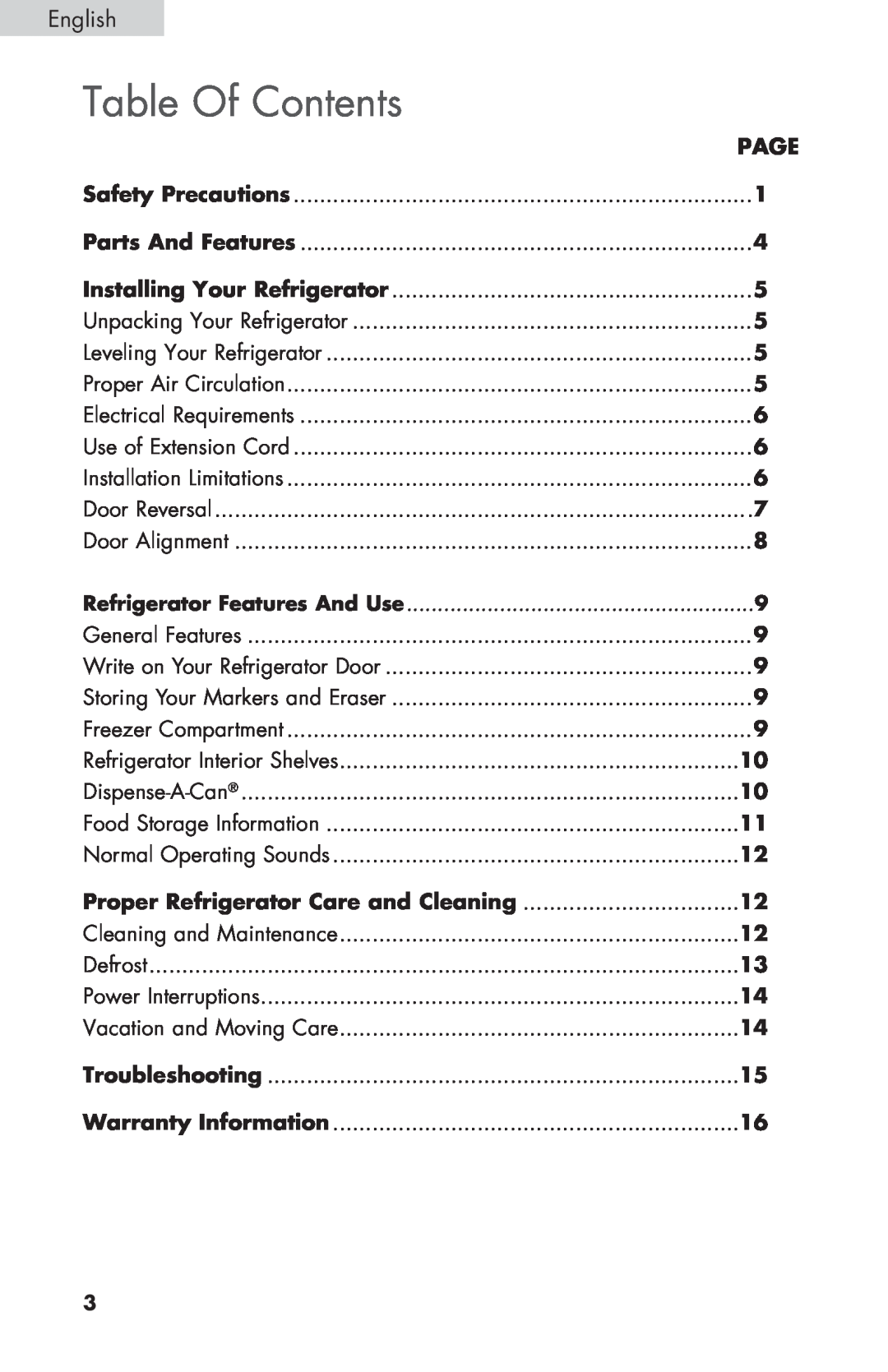 Haier HNSEW025 user manual Table Of Contents 