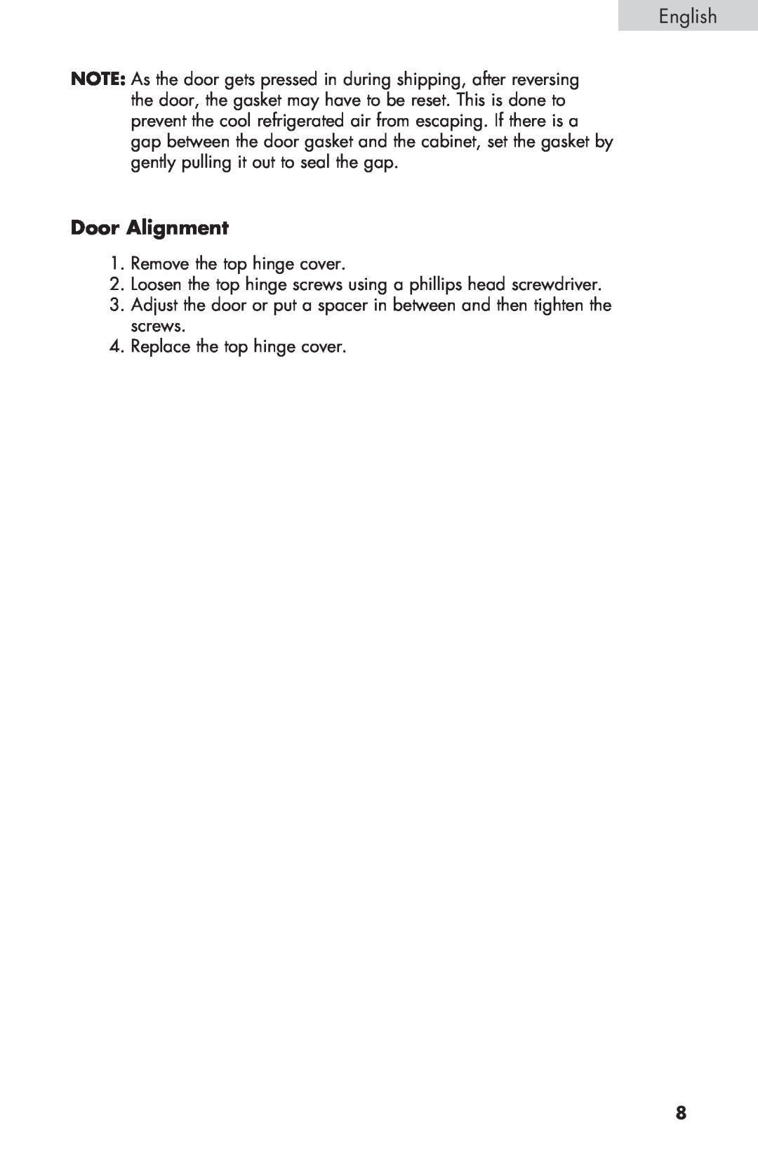 Haier HNSEW025 user manual Door Alignment 