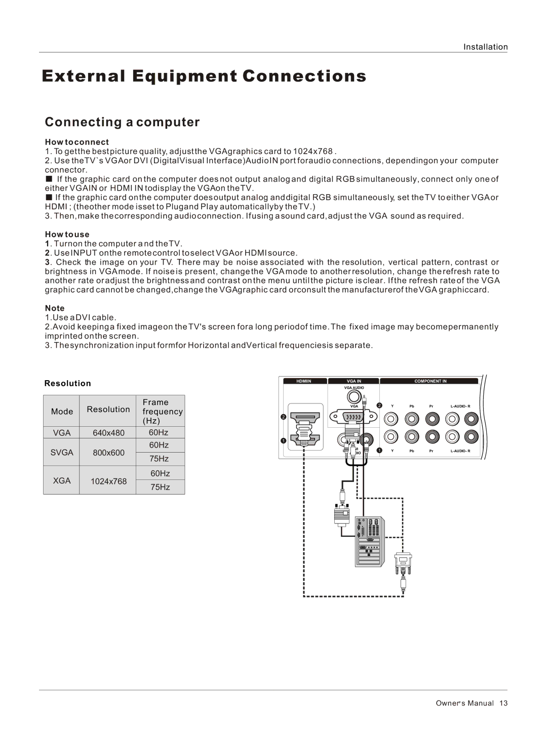 Haier HP32R owner manual Connecting a computer, Resolution 