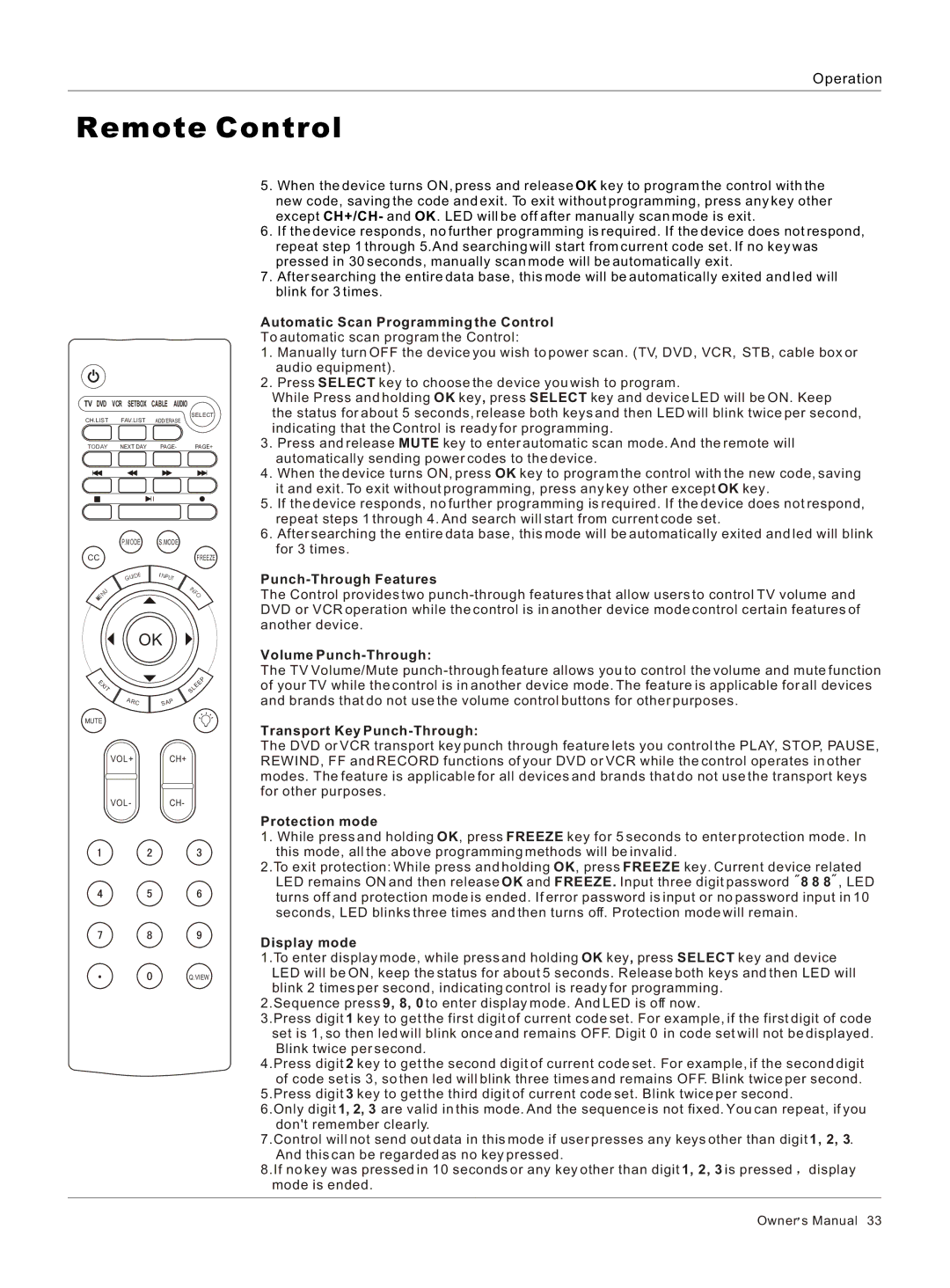 Haier HP32R owner manual Automatic Scan Programming the Control 