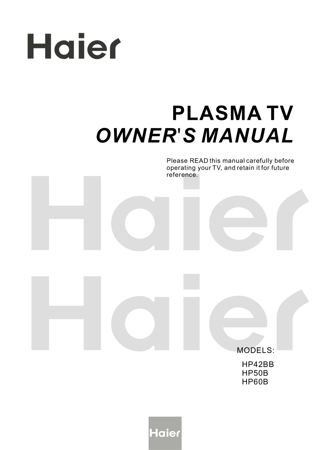 Haier HP50B, HP42BB, HP60B owner manual Plasma TV 