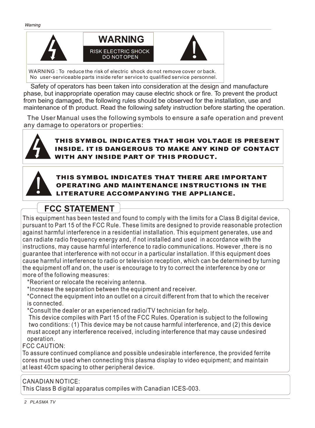 Haier HP50B, HP42BB, HP60B owner manual FCC Statement 