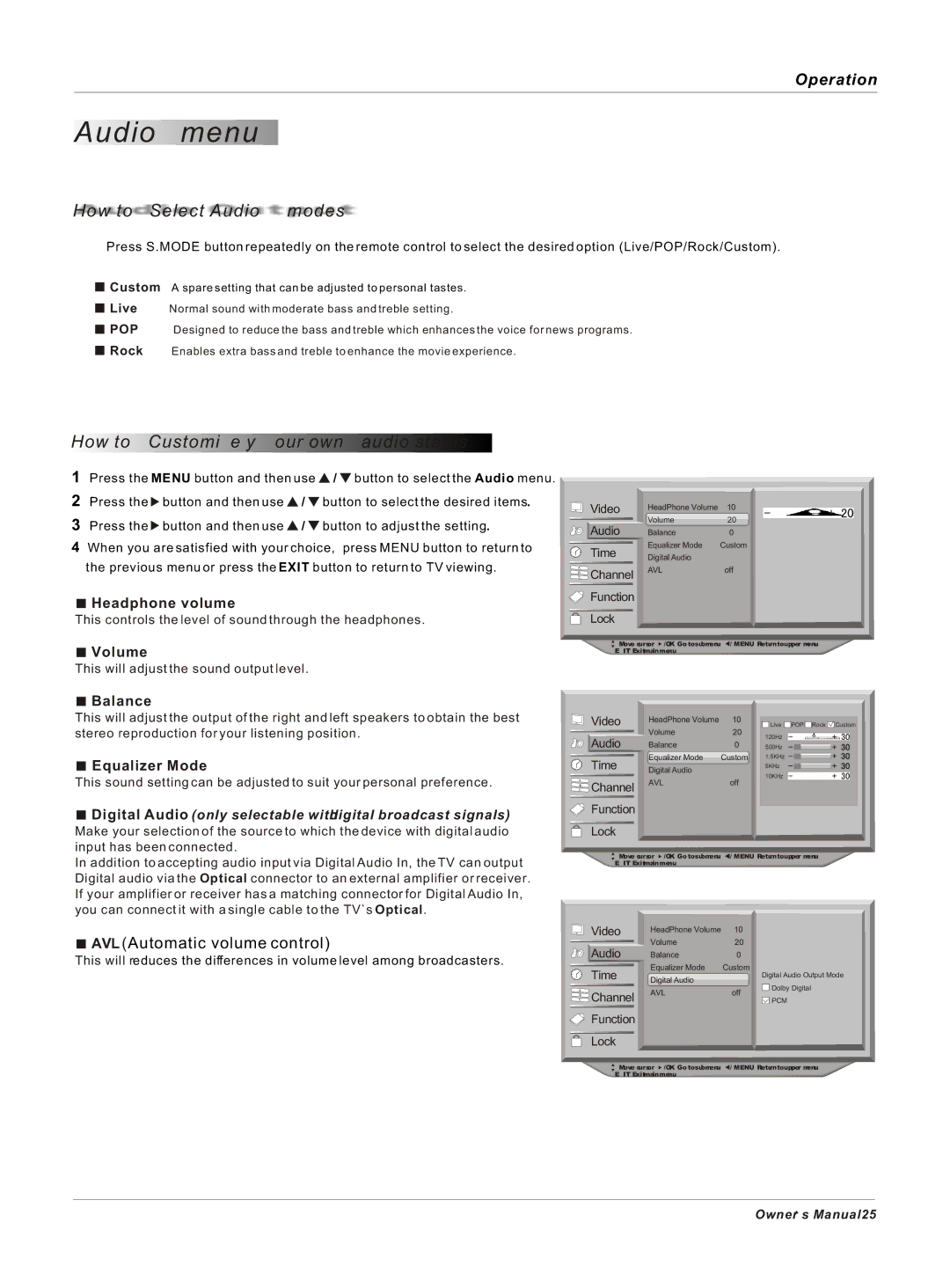 Haier HP50B, HP42BB, HP60B owner manual Audio menu, How to Select Audio modes 