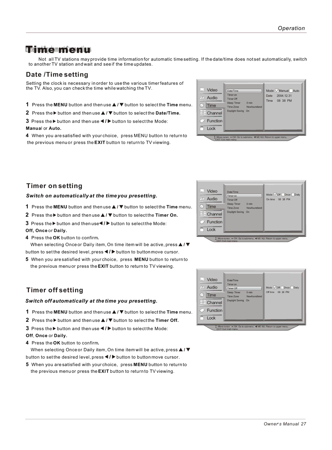 Haier HP50B, HP42BB, HP60B owner manual Time menu, Date /Time setting, Timer on setting, Timer off setting 