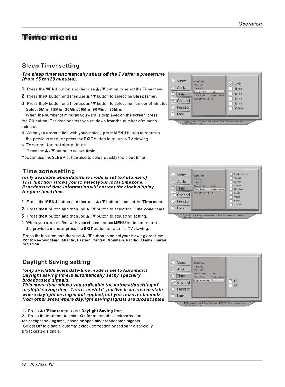 Haier HP42BB Sleep Timer setting, Time zone setting, Daylight Saving setting, Button to s elect Daylight Saving item 