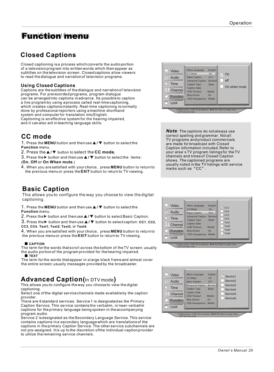 Haier HP50B, HP42BB, HP60B owner manual Function menu, Closed Captions, CC mode, Basic Caption, Advanced CaptionIn DTV mode 