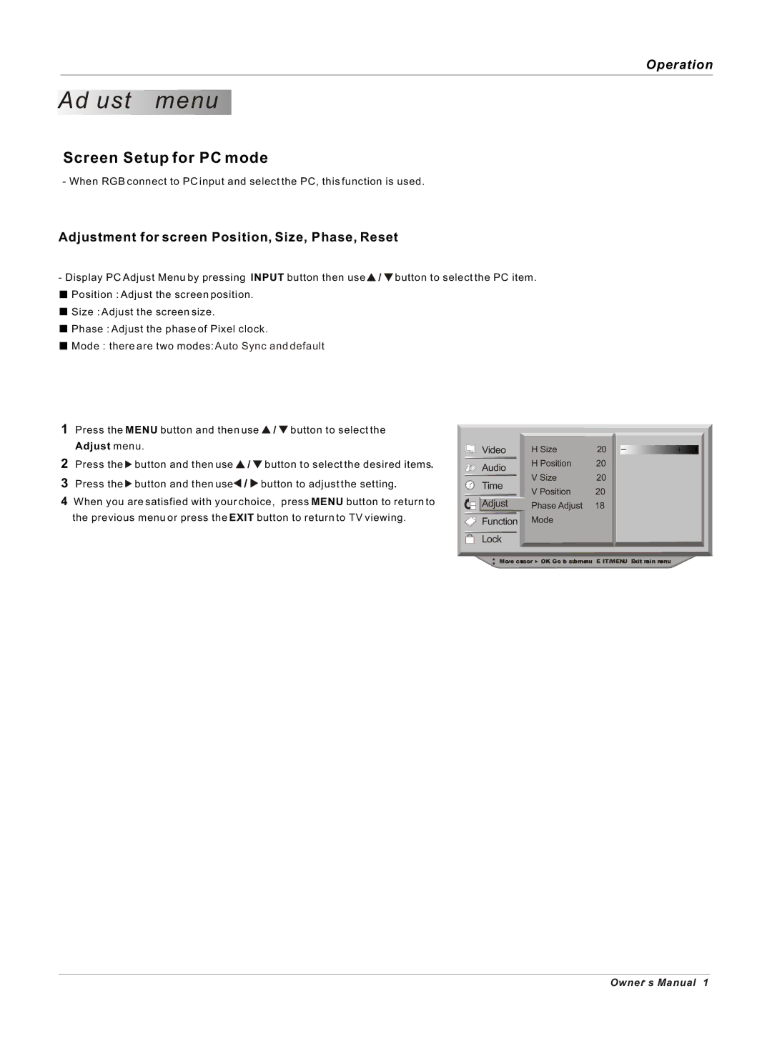 Haier HP50B, HP42BB, HP60B owner manual Adjust menu, Adjustment for screen Position, Size, Phase, Reset 