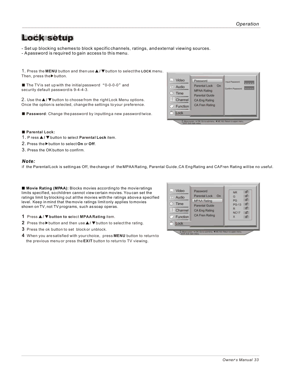 Haier HP50B, HP42BB, HP60B owner manual Lock setup, Parental Lock 