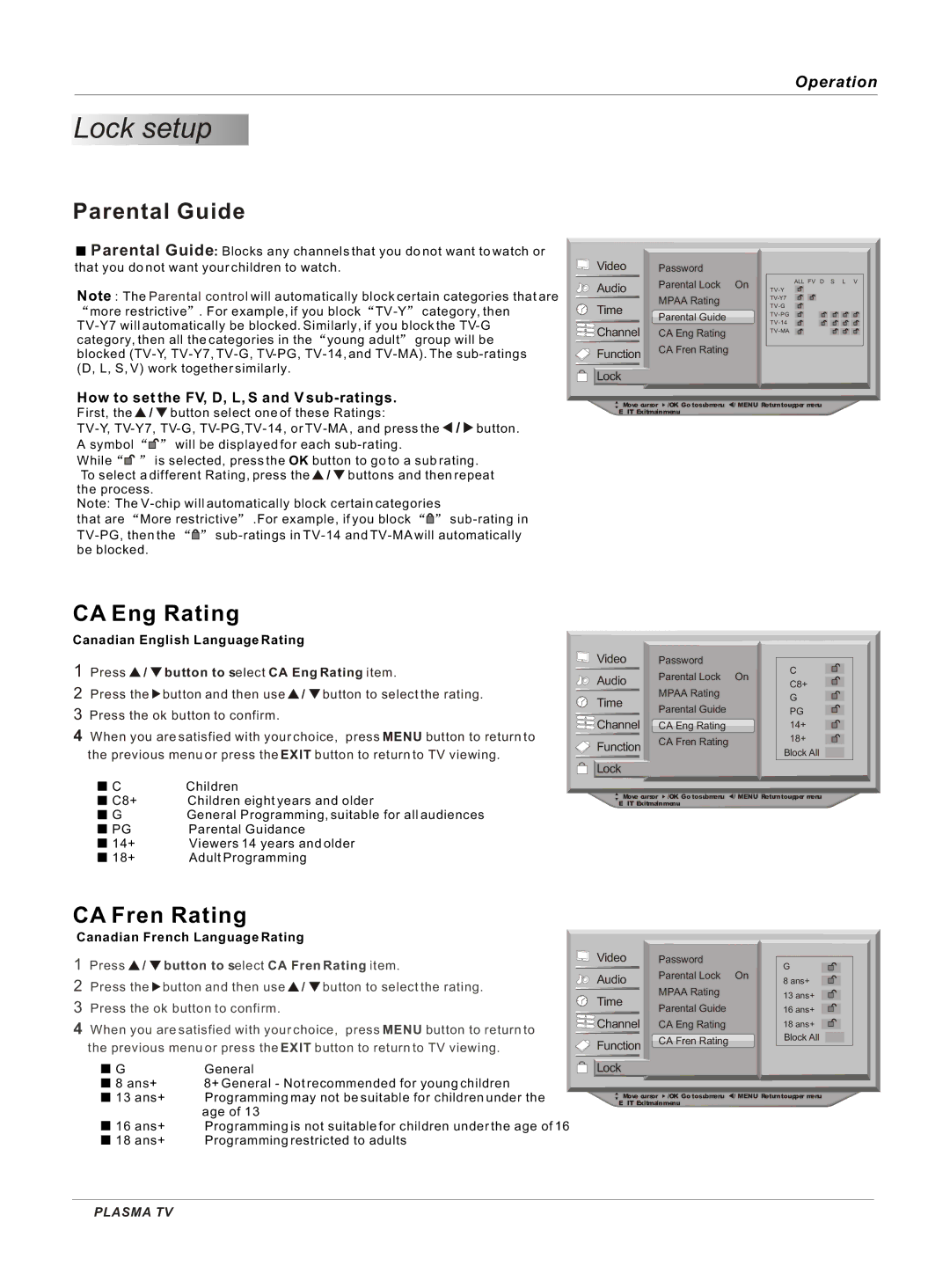 Haier HP42BB CA Eng Rating, CA Fren Rating, How to set the FV, D, L, S and V sub-ratings, Canadian English Language Rating 