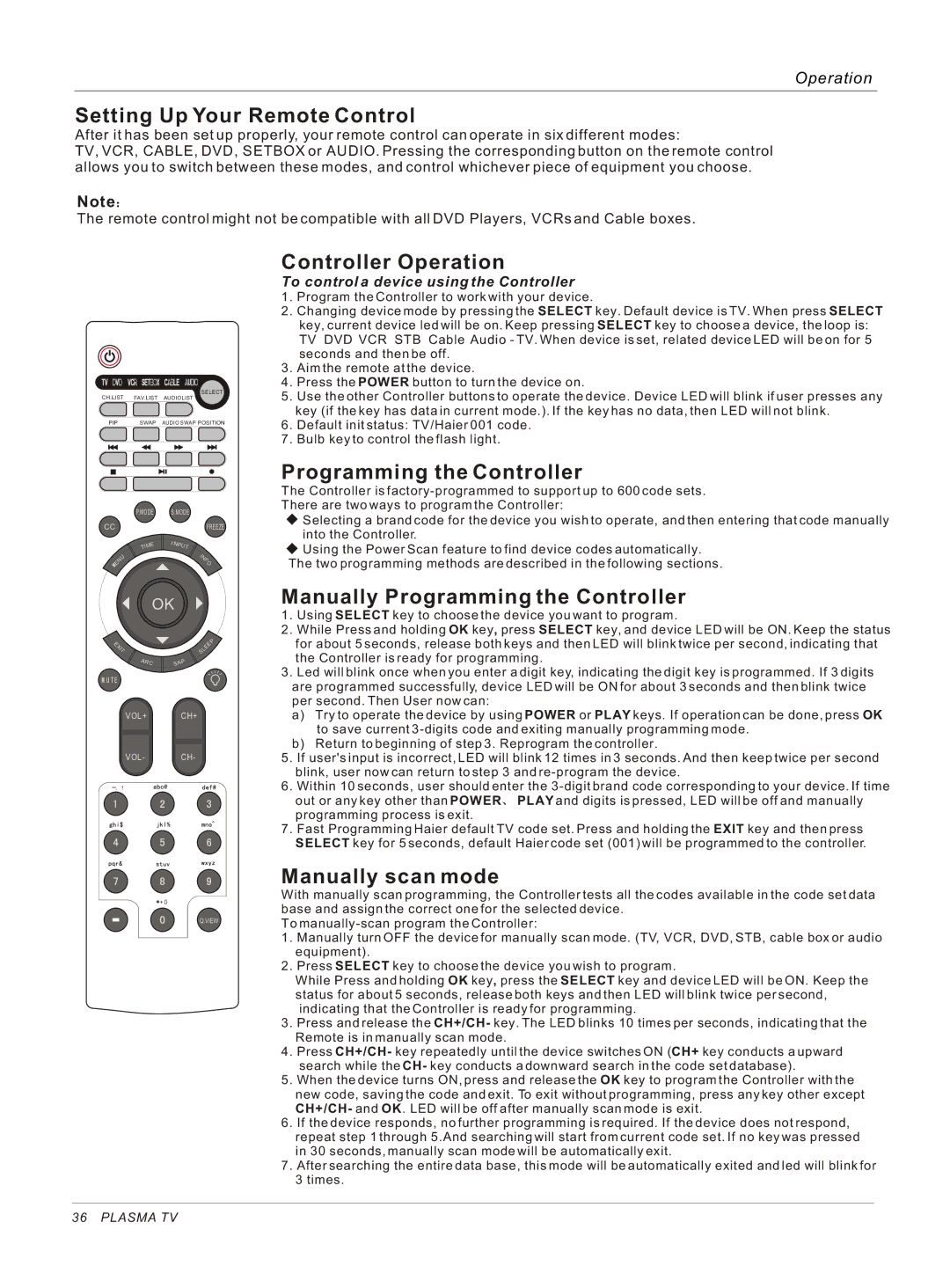 Haier HP50B, HP42BB, HP60B owner manual Setting Up Your Remote Control 