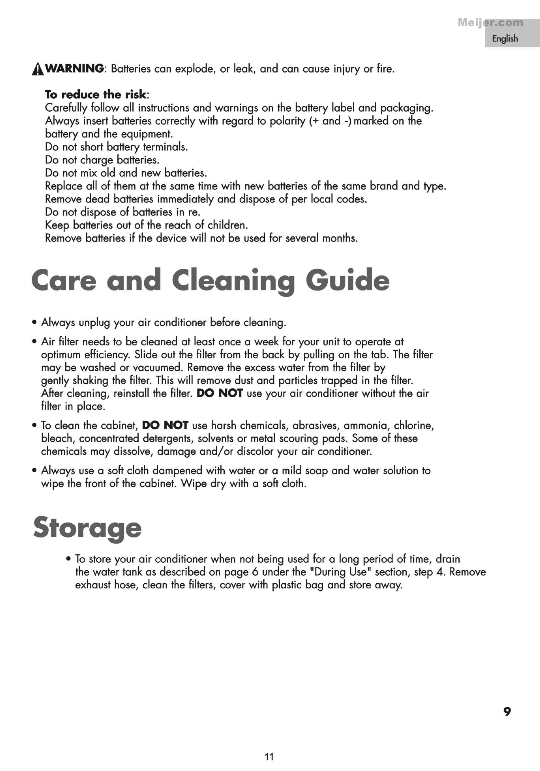 Haier HPDLOXCM user manual Care and Cleaning Guide, Storage, To reduce the risk 