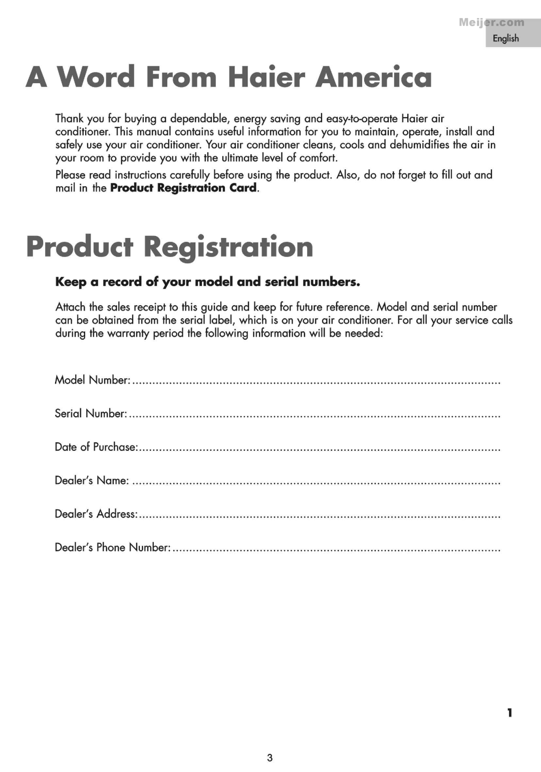 Haier HPDLOXCM user manual A Word From Haier America, Product Registration, Keep a record of your model and serial numbers 