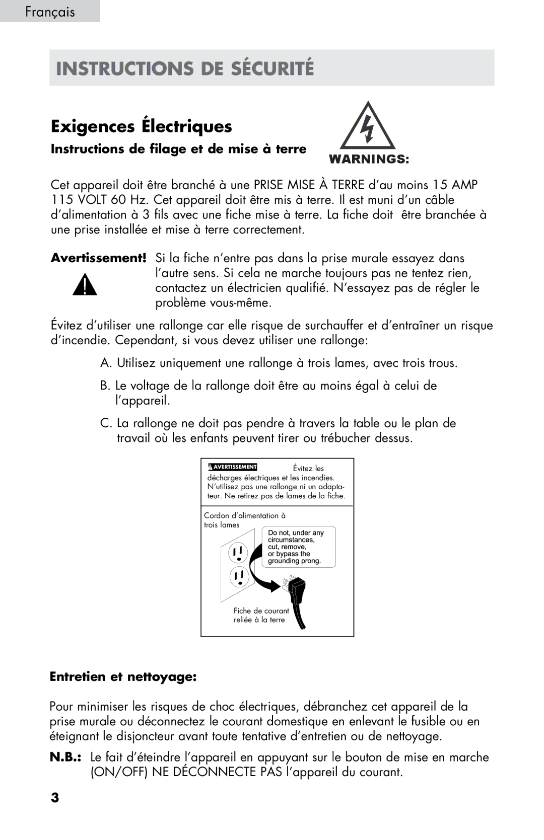 Haier HPIM25SS user manual Instructions DE Sécurité, Instructions de filage et de mise à terre, Entretien et nettoyage 