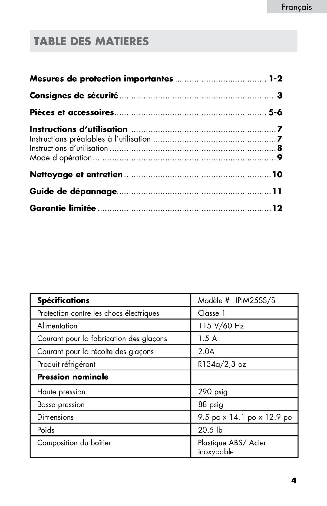 Haier HPIM25SS user manual Table DES Matieres, Français, Mesures de protection importantes, Pression nominale 