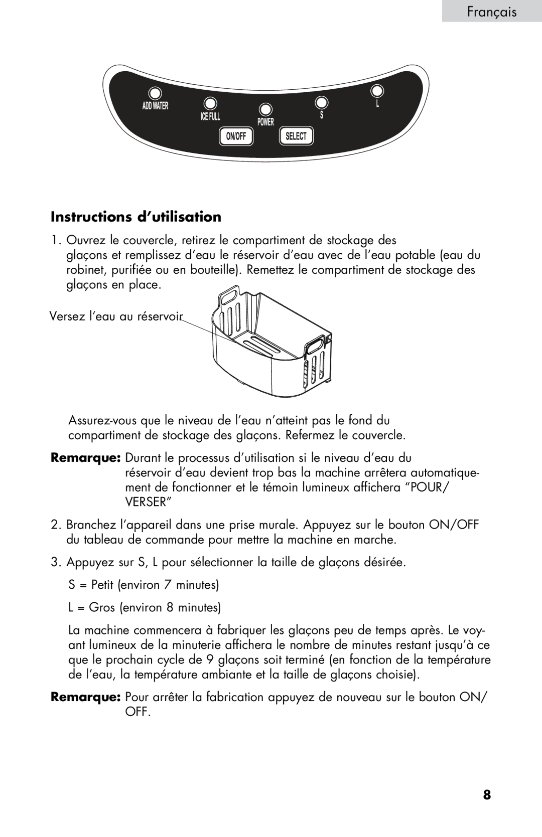 Haier HPIM25SS user manual Instructions d’utilisation, Glaçons en place Versez l’eau au réservoir 