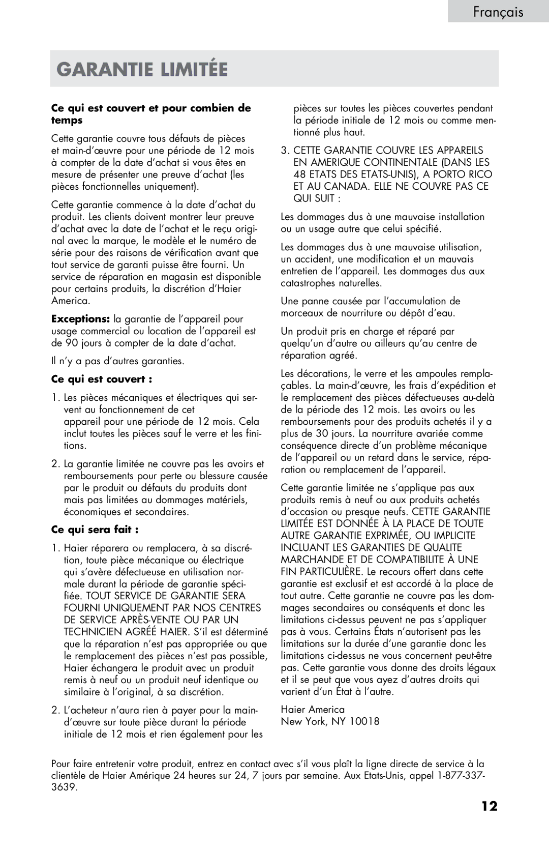 Haier HPIM25SS user manual Garantie Limitée, Ce qui est couvert et pour combien de temps 