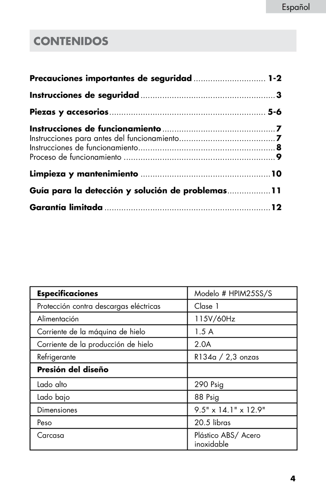 Haier HPIM25SS user manual Contenidos, Precauciones importantes de seguridad, Piezas y accesorios 