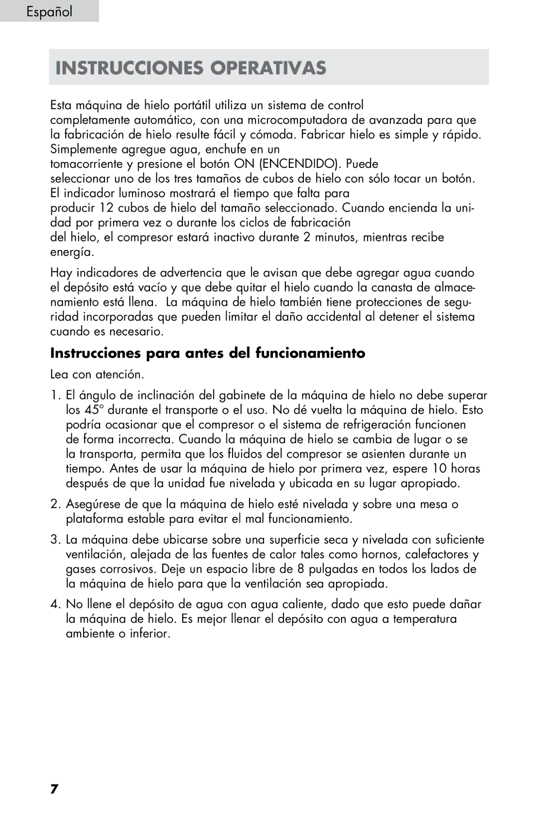 Haier HPIM25SS user manual Instrucciones operativas, Instrucciones para antes del funcionamiento 