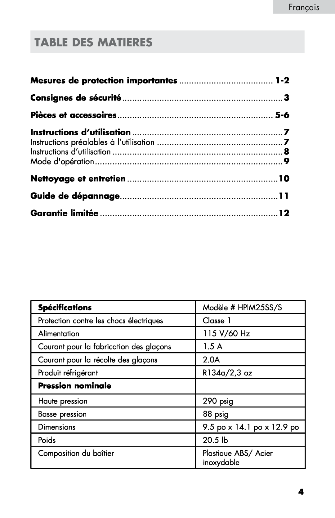 Haier HPIM25SS user manual Table Des Matieres, Français, Mesures de protection importantes 