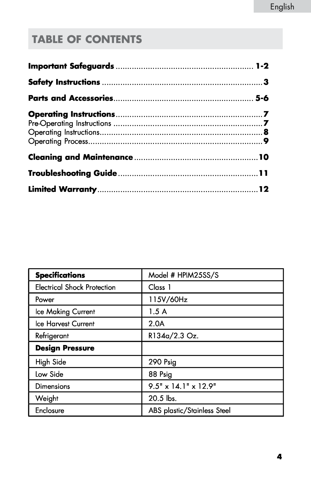 Haier HPIM25SS user manual table of contents, Important Safeguards, Parts and Accessories 