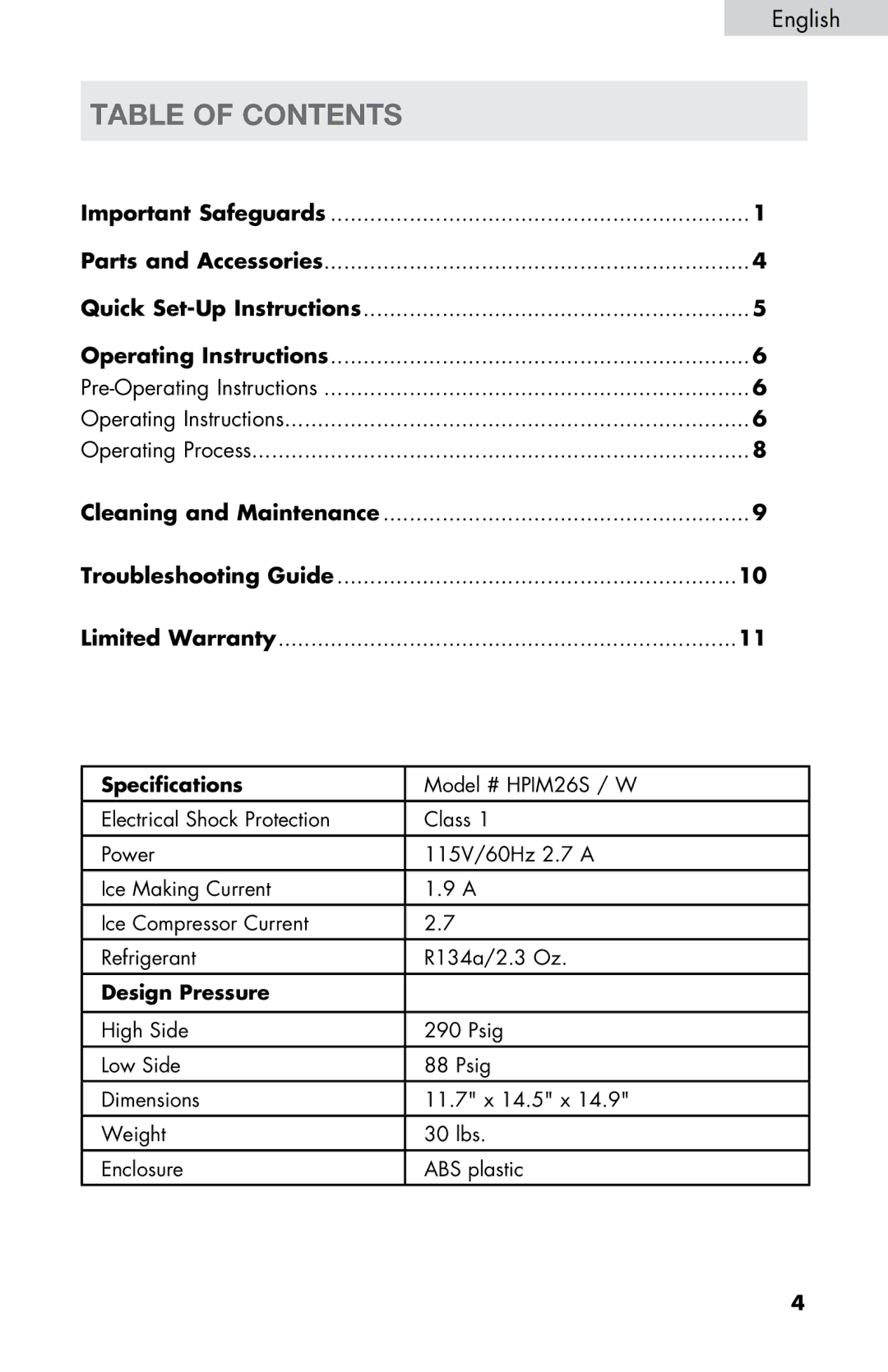 Haier HPIM26S, HPIM26W user manual Table of contents 