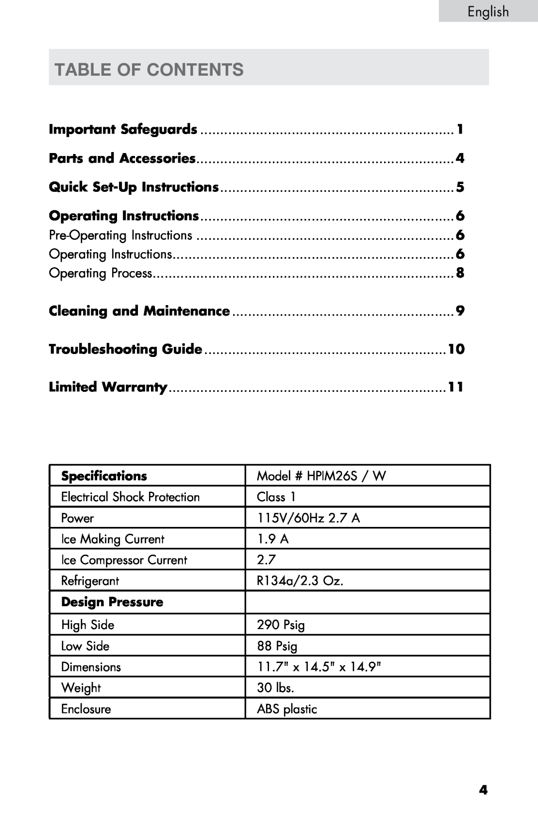 Haier HPIM26S, HPIM26W user manual table of contents, Limited Warranty 