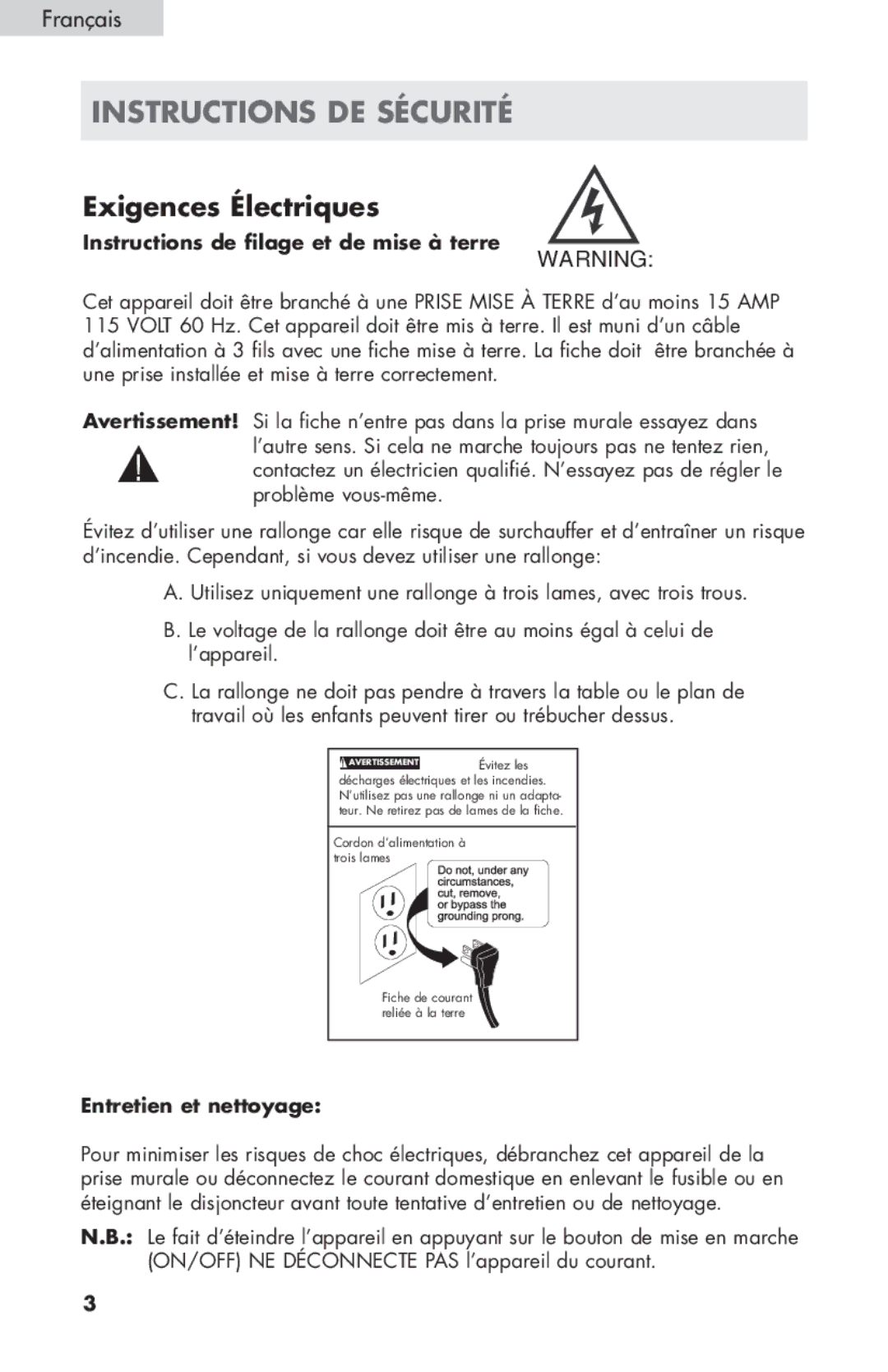 Haier HPIMD25W, HPIMD25S manual Instructions DE Sécurité, Instructions de filage et de mise à terre, Entretien et nettoyage 