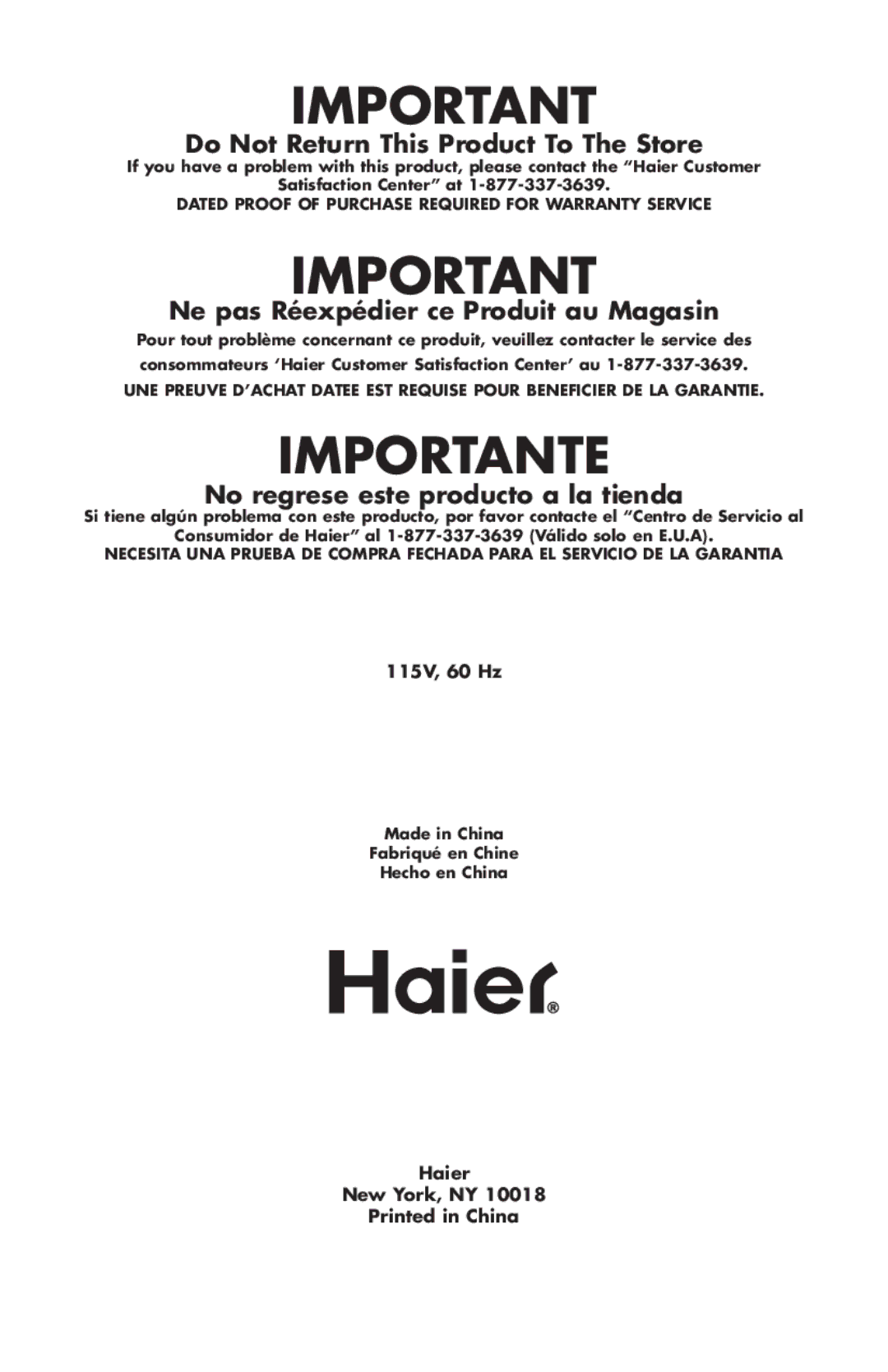 Haier HPIMD25W, HPIMD25S, HPIMD25B manual Importante 